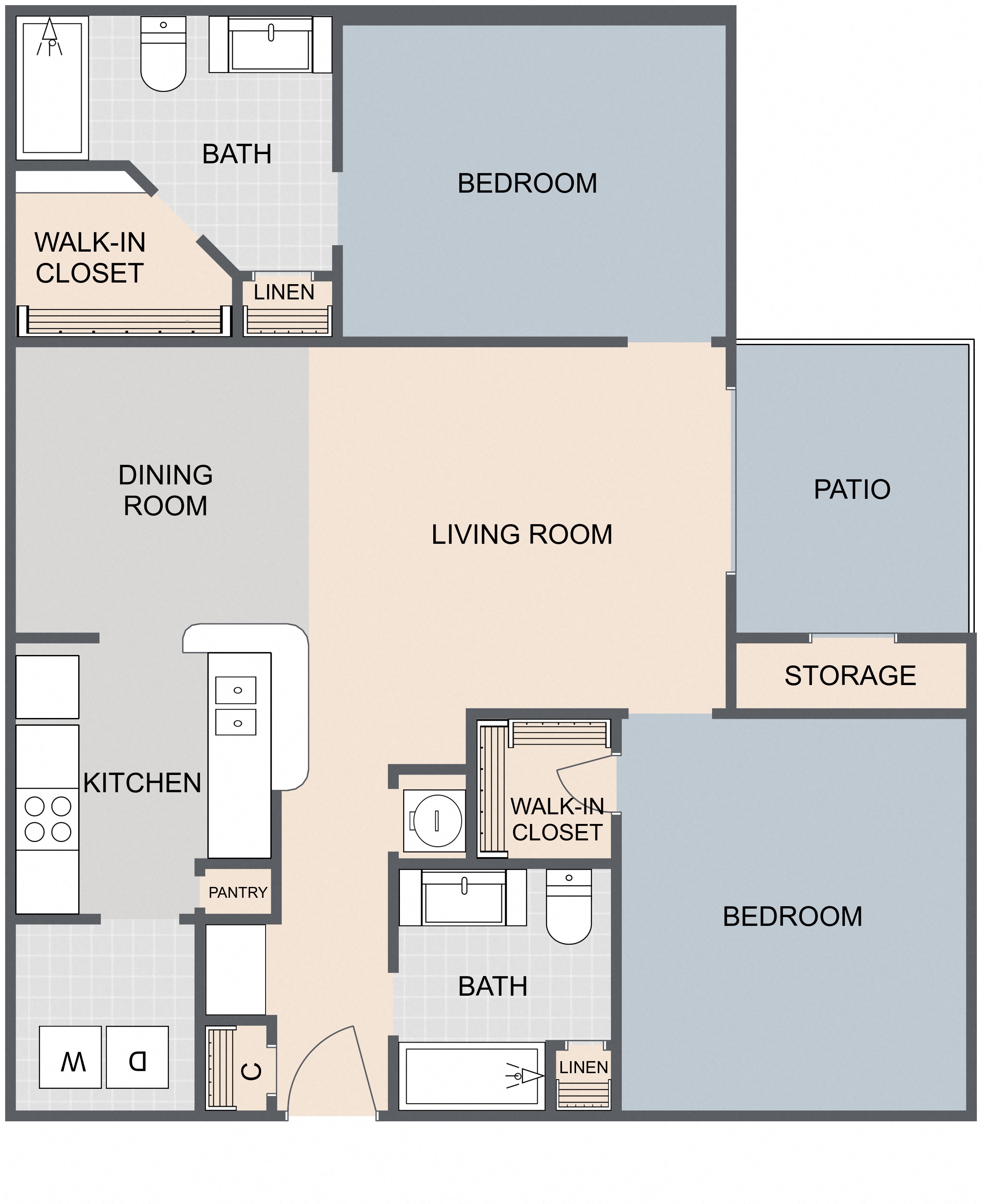 Floor plan for 2 beds, 2 baths, 1040 sqft